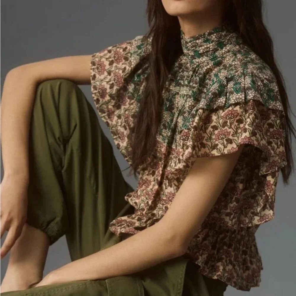 014 Anthropologie Let Me Be High Neck Printed Peasant Blouse NWOT Size XXS - Picture 3 of 14